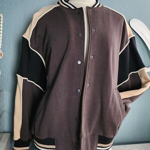 H&M Brown and Black Colorblock Bomber Jacket with Tan Accents